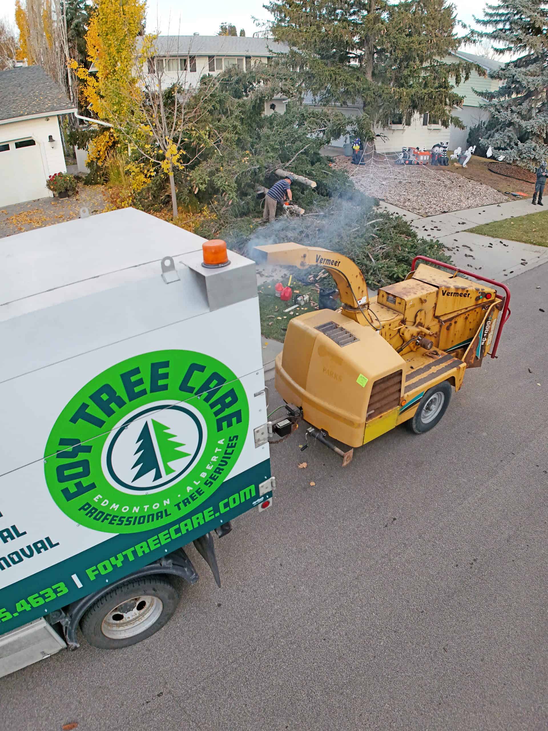 Foy Tree Care truck on-site for tree removal services, ensuring top-notch care – Tree Service in Edmonton by Foy Tree Care.